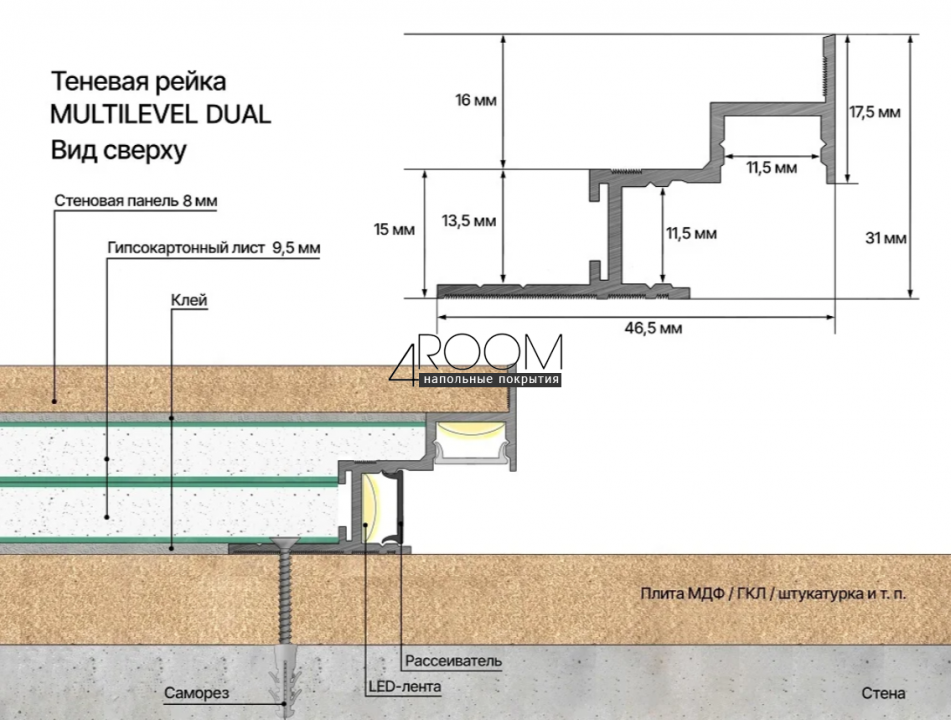 Теневая алюминиевая рейка Laconistiq MULTILEVEL DUAL, 46,7x31x3000мм, Золото анод