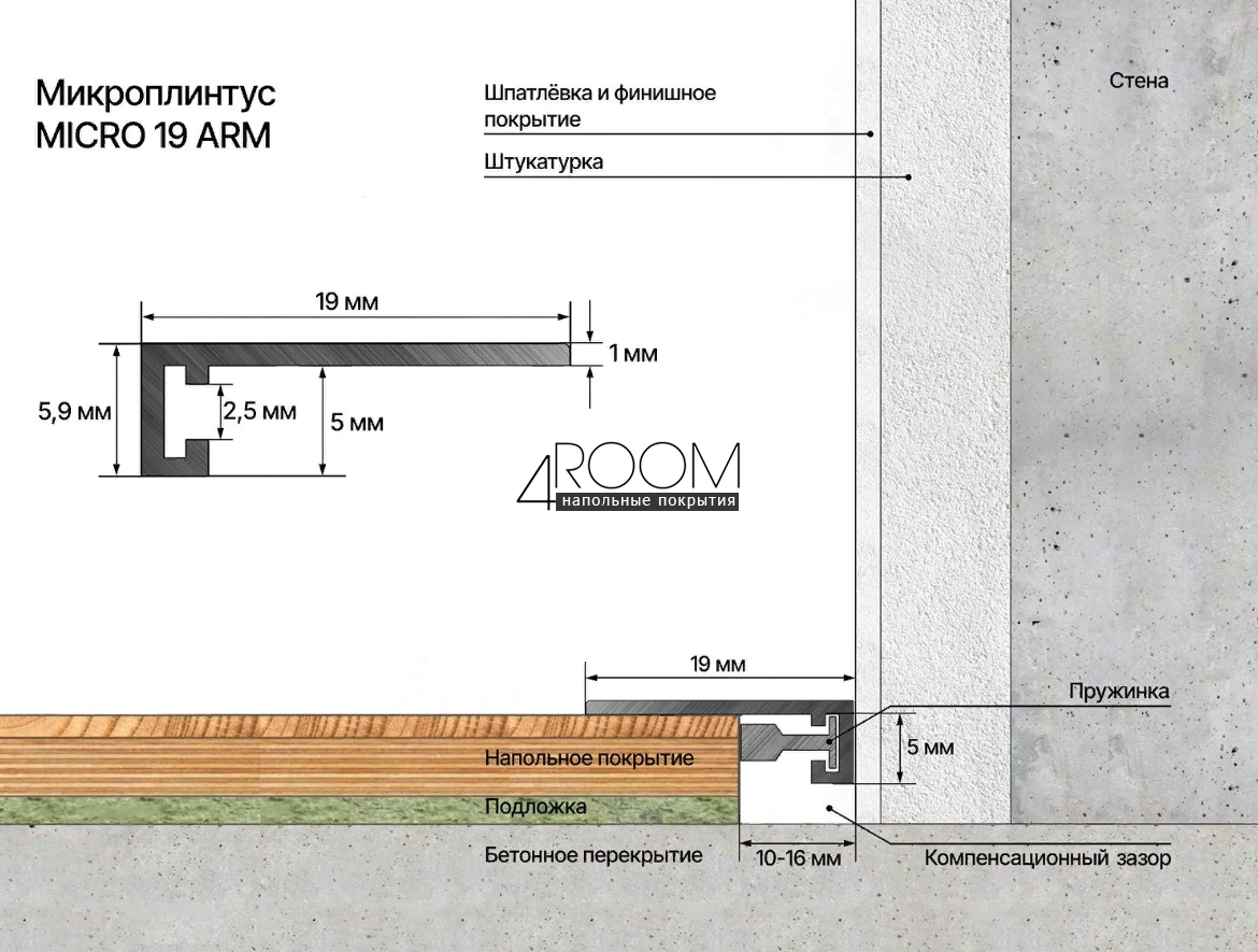 Микроплинтус алюминиевый LACONISTIQ MICRO 19 ARM, 19х5,5х2450мм, Светло-золотой анодированный