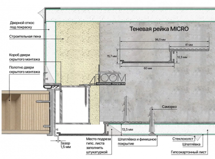 Теневая алюминиевая рейка Laconistiq MICRO (Скрытый наличник), 93х15х7х3000мм, Черный муар (RAL 9016)