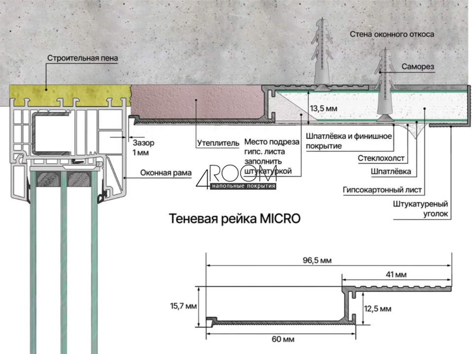 Теневая алюминиевая рейка Laconistiq MICRO (Скрытый наличник), 93х15х7х3000мм, Серый муар (RAL 9006)