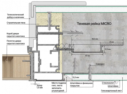 Теневая алюминиевая рейка Laconistiq MICRO (Скрытый наличник), 93х15х7х1000мм, Белый муар (RAL 9005)