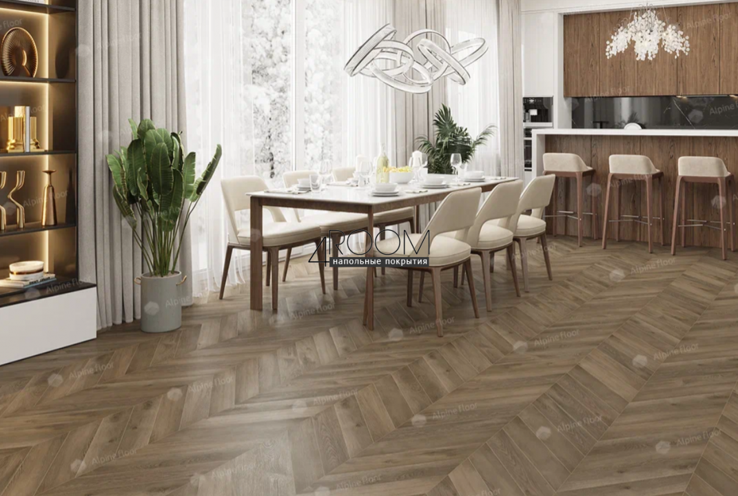 Каменно-полимерная замковая SPC плитка Alpine Floor Chevron Alpine Дуб Насыщенный ECO 18-4 MC, 600х127мм, 5/0,55мм, 43 класс