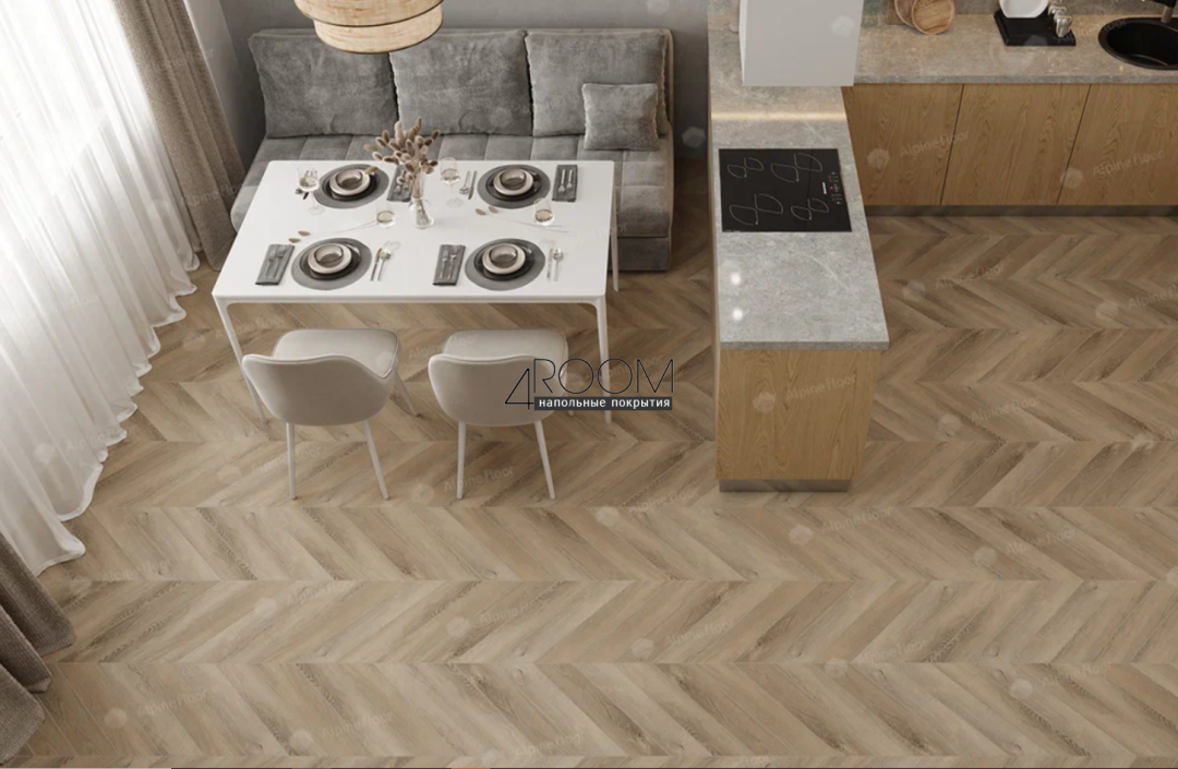 Каменно-полимерная замковая SPC плитка Alpine Floor Chevron Alpine Дуб Синистра ECO 18-6 MC, 600х127мм, 5/0,55мм, 43 класс