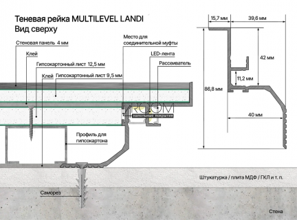 Теневая алюминиевая рейка Laconistiq MULTILEVEL для ТВ зон и разноуровневых стен LANDI MAX ПОД ПОДСВЕТКУ, 87x55,7x3000мм, белый матовый (порошковый)