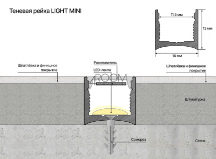 Теневая алюминиевая рейка Laconistiq LIGHT mini ПОД ПОДСВЕТКУ для обоев, панелей, керамогранита, 14х13х3000мм, черный анодированный